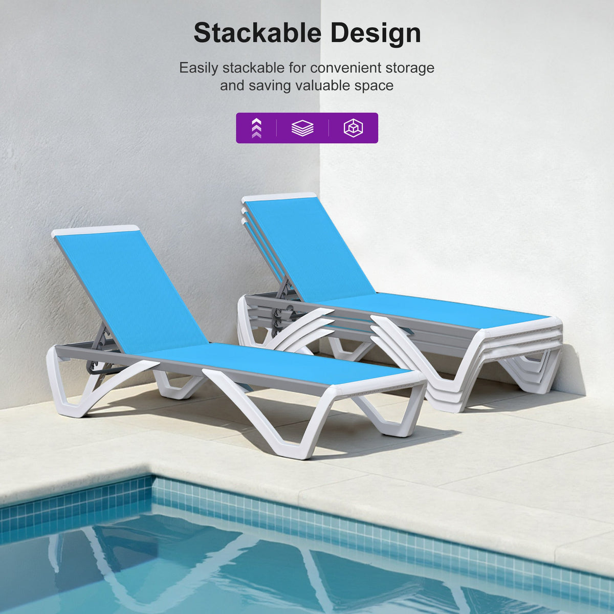 Clearance-PURPLE LEAF Patio Chaise Lounge Plastic Pool Outdoor Lounge Chair with Aluminum Frame Stackable Patio Tanning Chairs for Poolside Sunbathing Beach Deck Yard