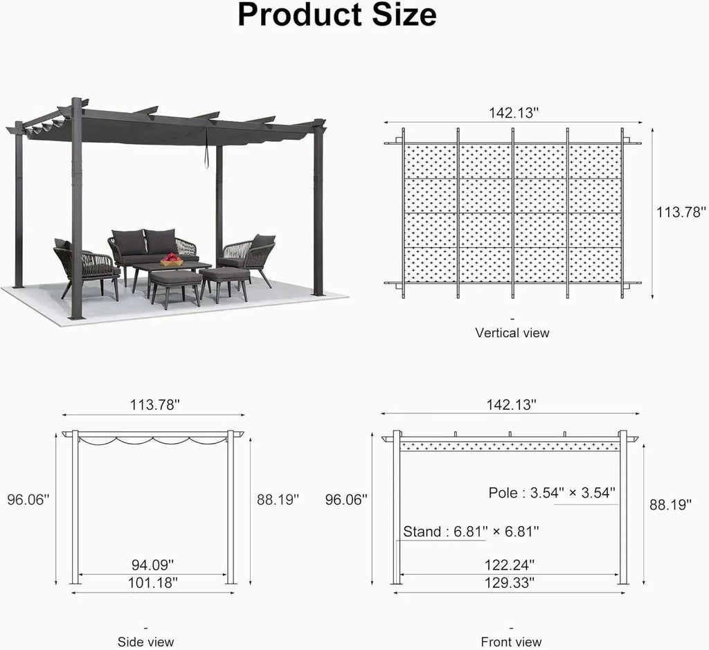 PURPLE LEAF Outdoor Pergola with Retractable Canopy Aluminum Shelter for Porch Garden  Beach Shade Pavilion Pergola Modern Backyard Deck