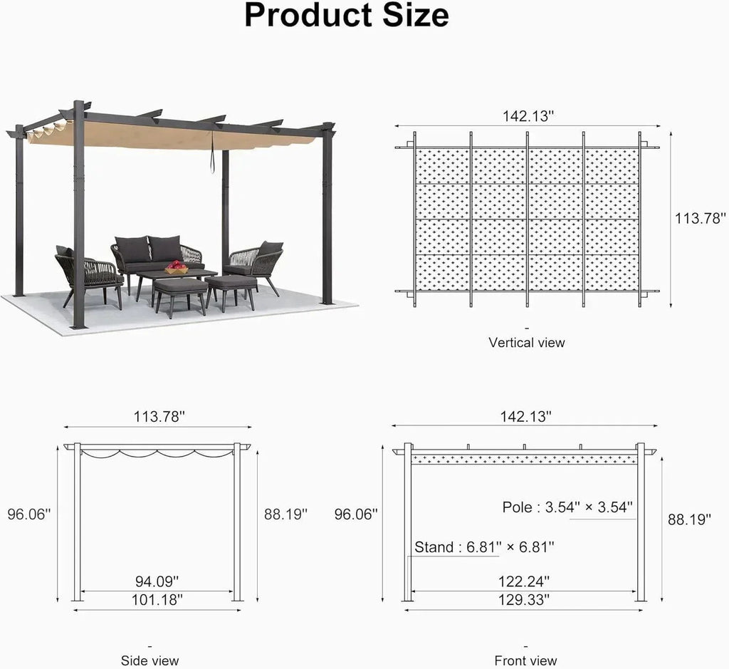 PURPLE LEAF Outdoor Pergola with Retractable Canopy Aluminum Shelter for Porch Garden  Beach Shade Pavilion Pergola Modern Backyard Deck