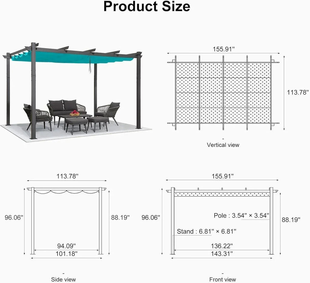 PURPLE LEAF Outdoor Pergola with Retractable Canopy Aluminum Shelter for Porch Garden  Beach Shade Pavilion Pergola Modern Backyard Deck