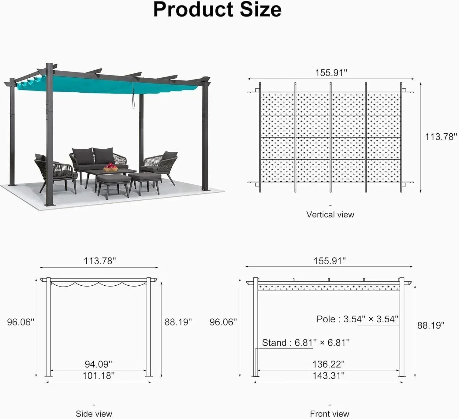 PURPLE LEAF Outdoor Pergola with Retractable Canopy Aluminum Shelter for Porch Garden  Beach Shade Pavilion Pergola Modern Backyard Deck