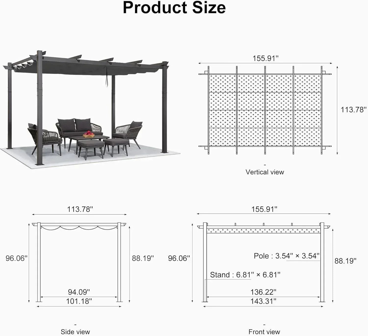 PURPLE LEAF Outdoor Pergola with Retractable Canopy Aluminum Shelter for Porch Garden  Beach Shade Pavilion Pergola Modern Backyard Deck