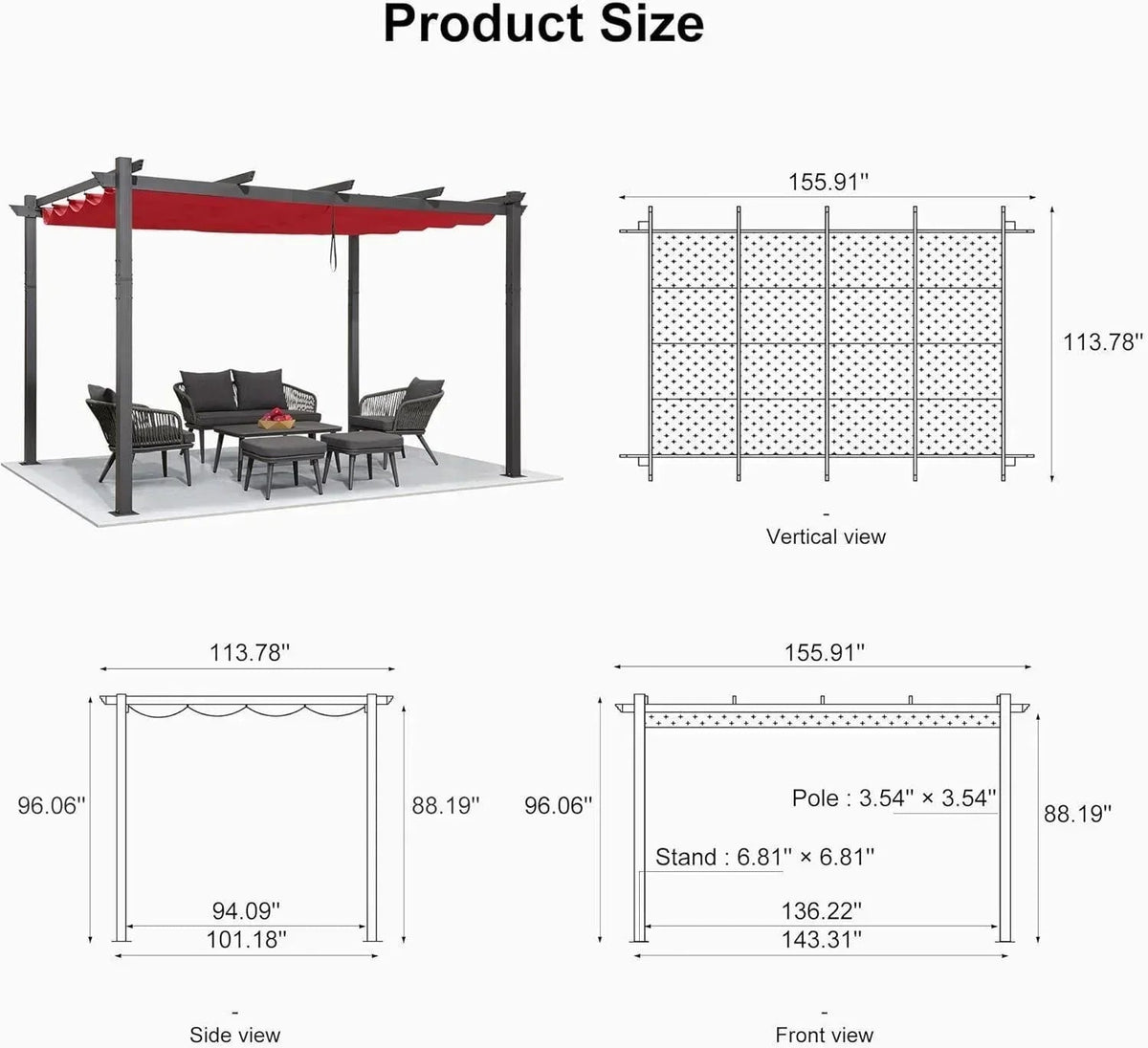 PURPLE LEAF Outdoor Pergola with Retractable Canopy Aluminum Shelter for Porch Garden  Beach Shade Pavilion Pergola Modern Backyard Deck