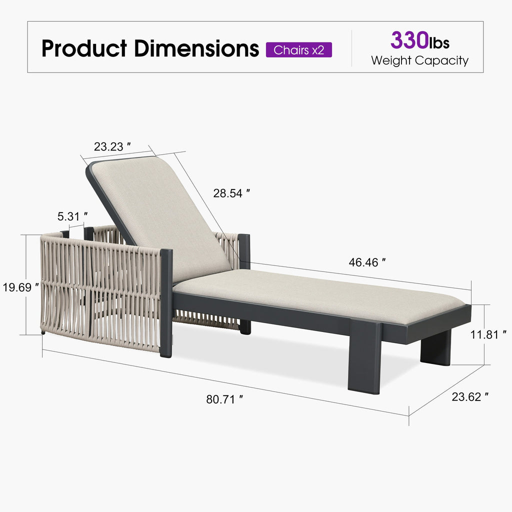 PURPLE LEAF Outdoor Chaise Lounge with Wraparound Armrests and Cushion Aluminum Reclining Tanning Pool Lounge Chairs for Patio Poolside Backyard
