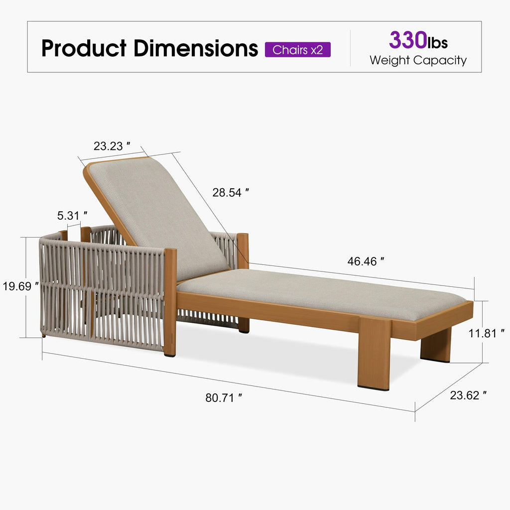PURPLE LEAF Outdoor Chaise Lounge with Wraparound Armrests and Cushion Aluminum Reclining Tanning Pool Lounge Chairs for Patio Poolside Backyard