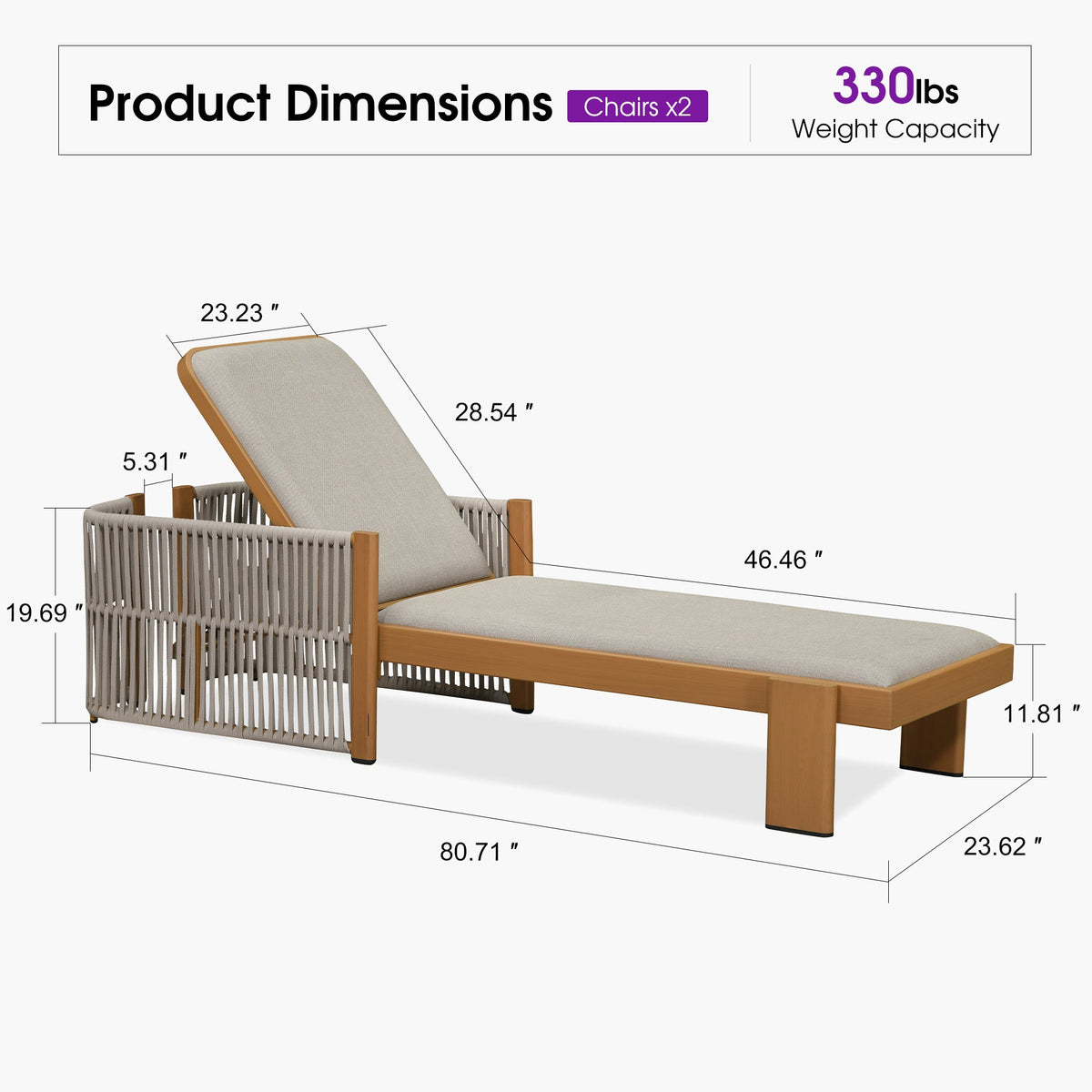 PURPLE LEAF Outdoor Chaise Lounge with Wraparound Armrests and Cushion Aluminum Reclining Tanning Pool Lounge Chairs for Patio Poolside Backyard