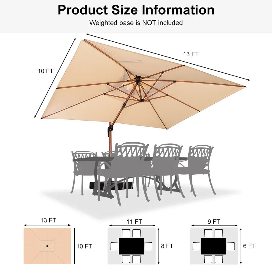 PURPLE LEAF 9 x 12 / 10 x 13 ft Rectangular Patio Umbrella Aluminum Cantilever Umbrella in Wood Color