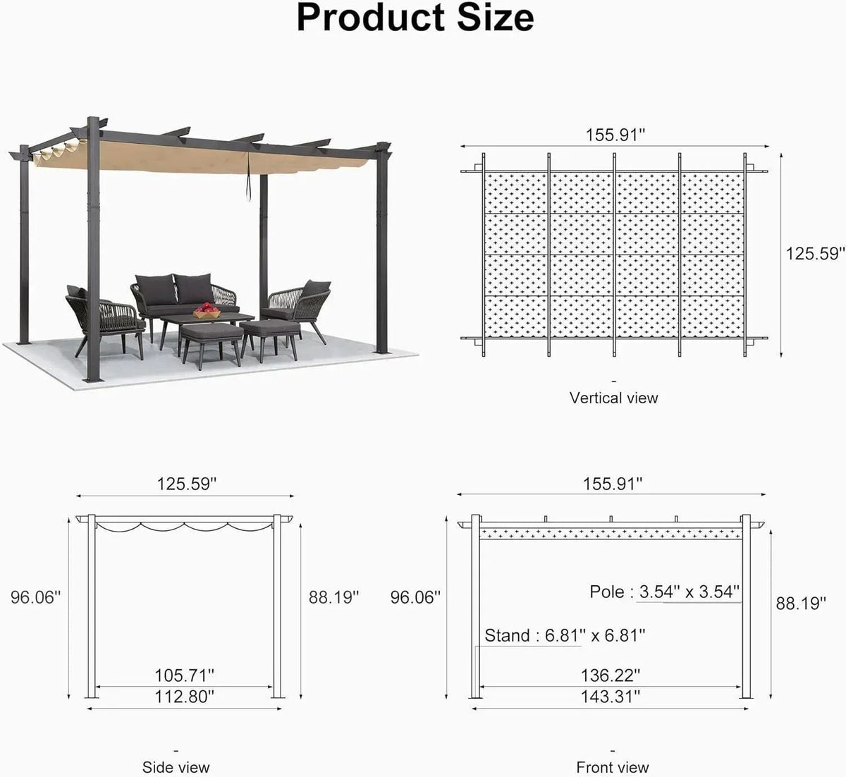PURPLE LEAF Outdoor Pergola with Retractable Canopy Aluminum Shelter for Porch Garden  Beach Shade Pavilion Pergola Modern Backyard Deck