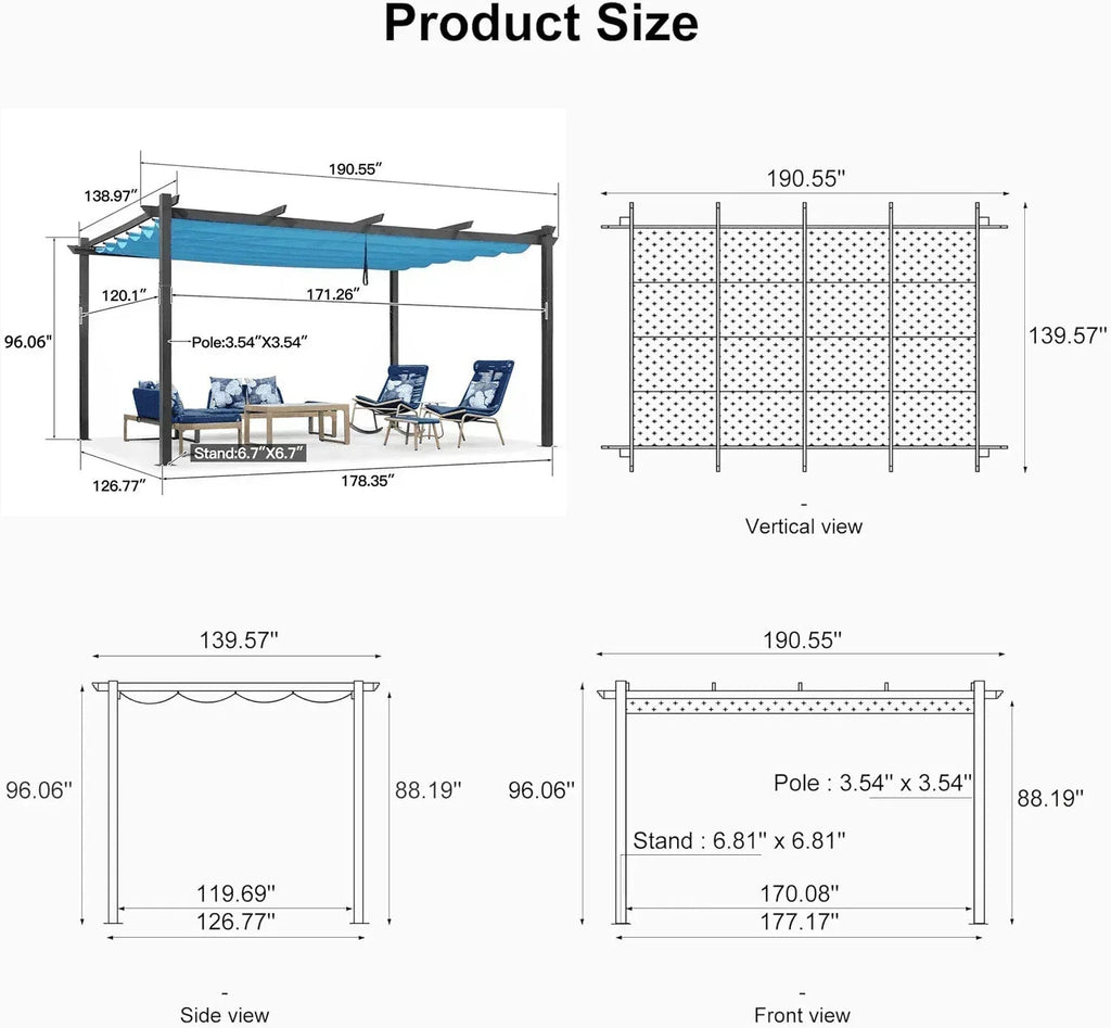PURPLE LEAF Outdoor Pergola with Retractable Canopy Aluminum Shelter for Porch Garden  Beach Shade Pavilion Pergola Modern Backyard Deck