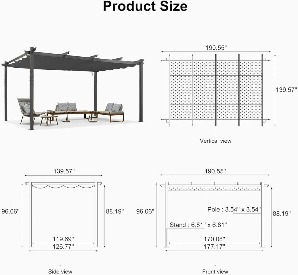 PURPLE LEAF Outdoor Pergola with Retractable Canopy Aluminum Shelter for Porch Garden  Beach Shade Pavilion Pergola Modern Backyard Deck