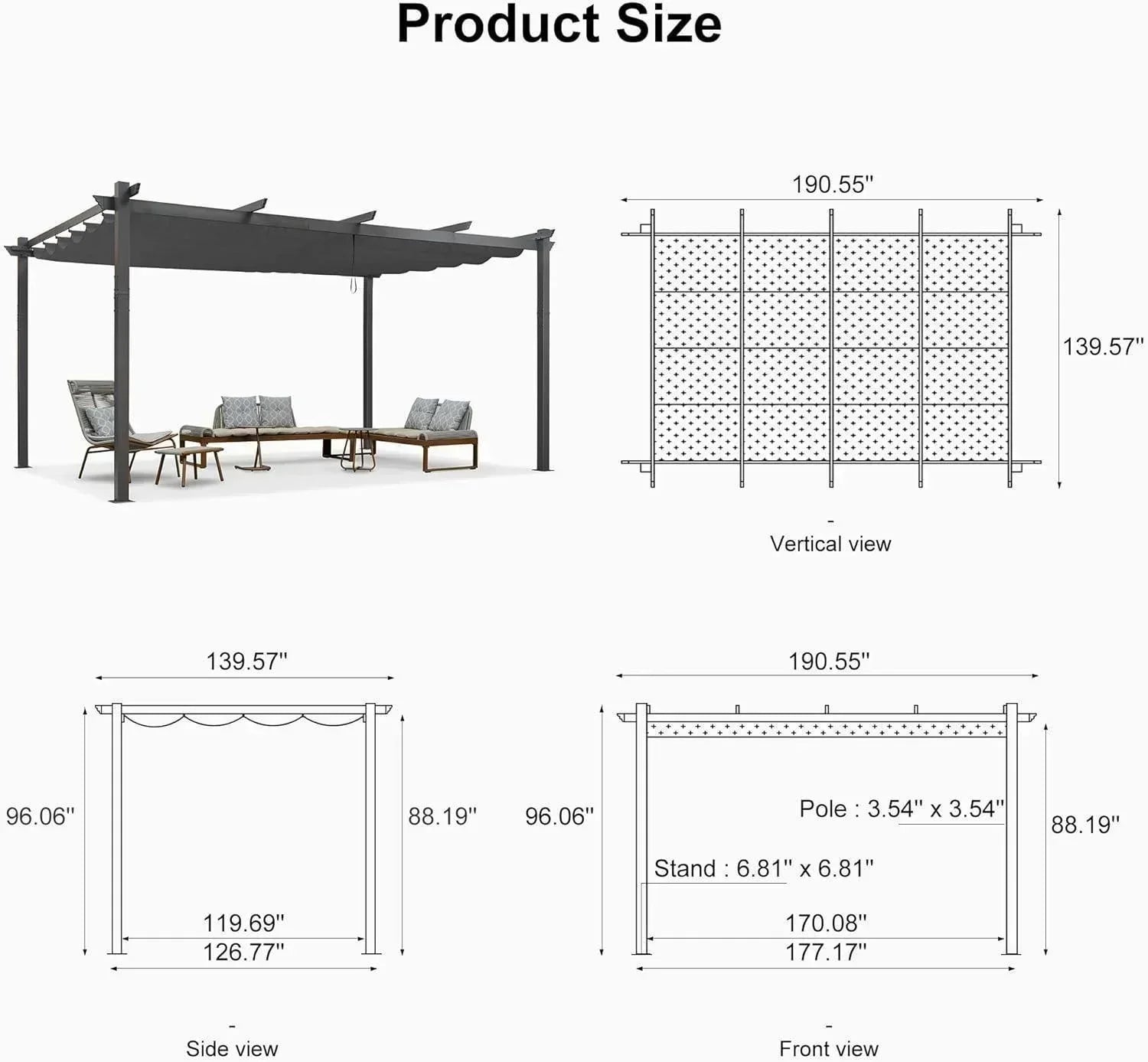 PURPLE LEAF Outdoor Pergola with Retractable Canopy Aluminum Shelter for Porch Garden  Beach Shade Pavilion Pergola Modern Backyard Deck