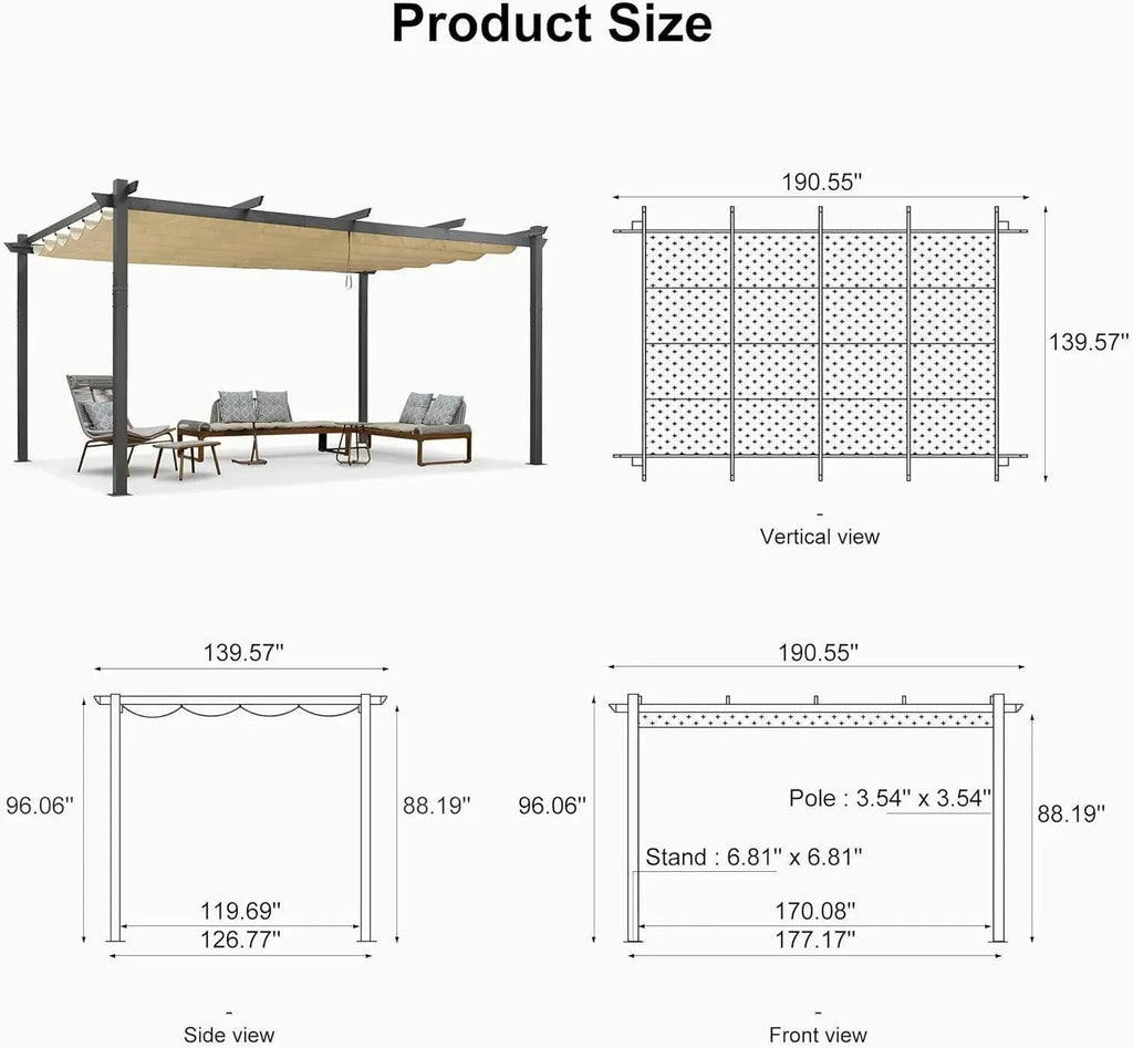 PURPLE LEAF Outdoor Pergola with Retractable Canopy Aluminum Shelter for Porch Garden  Beach Shade Pavilion Pergola Modern Backyard Deck