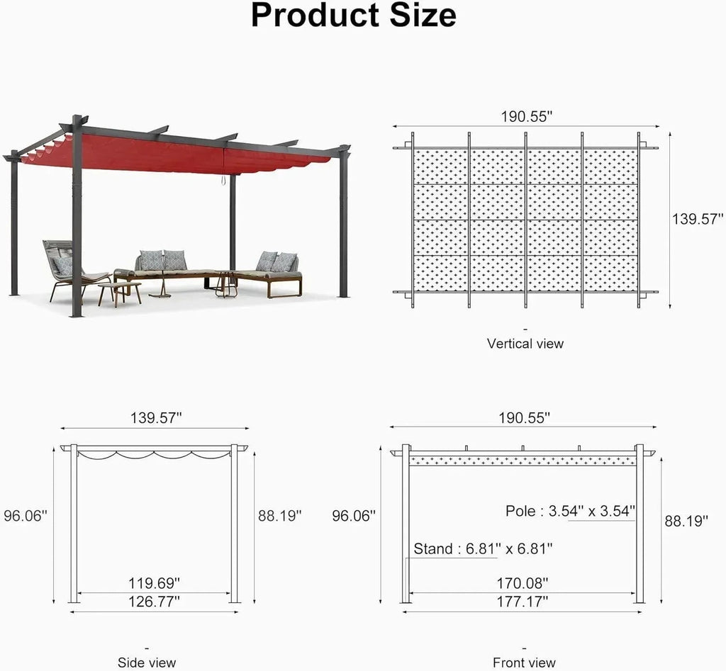 PURPLE LEAF Outdoor Pergola with Retractable Canopy Aluminum Shelter for Porch Garden  Beach Shade Pavilion Pergola Modern Backyard Deck