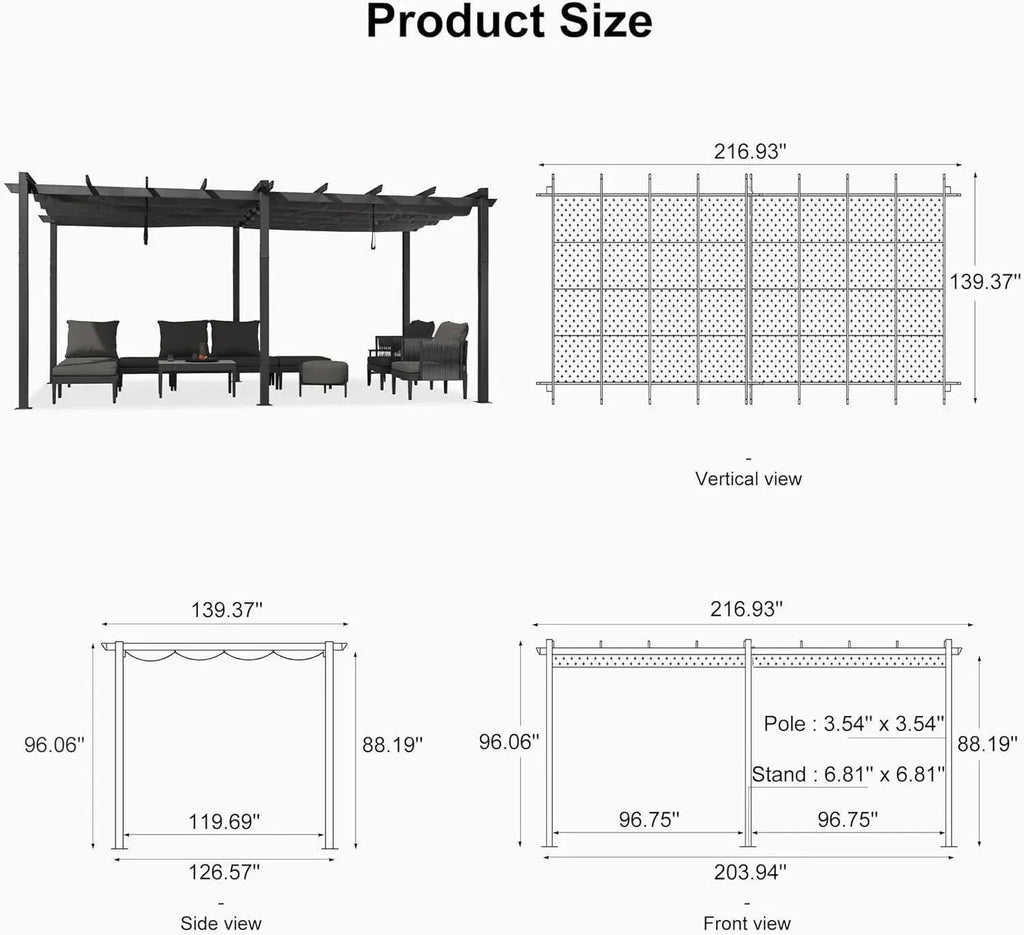 PURPLE LEAF Outdoor Pergola with Retractable Canopy Aluminum Shelter for Porch Garden  Beach Shade Pavilion Pergola Modern Backyard Deck