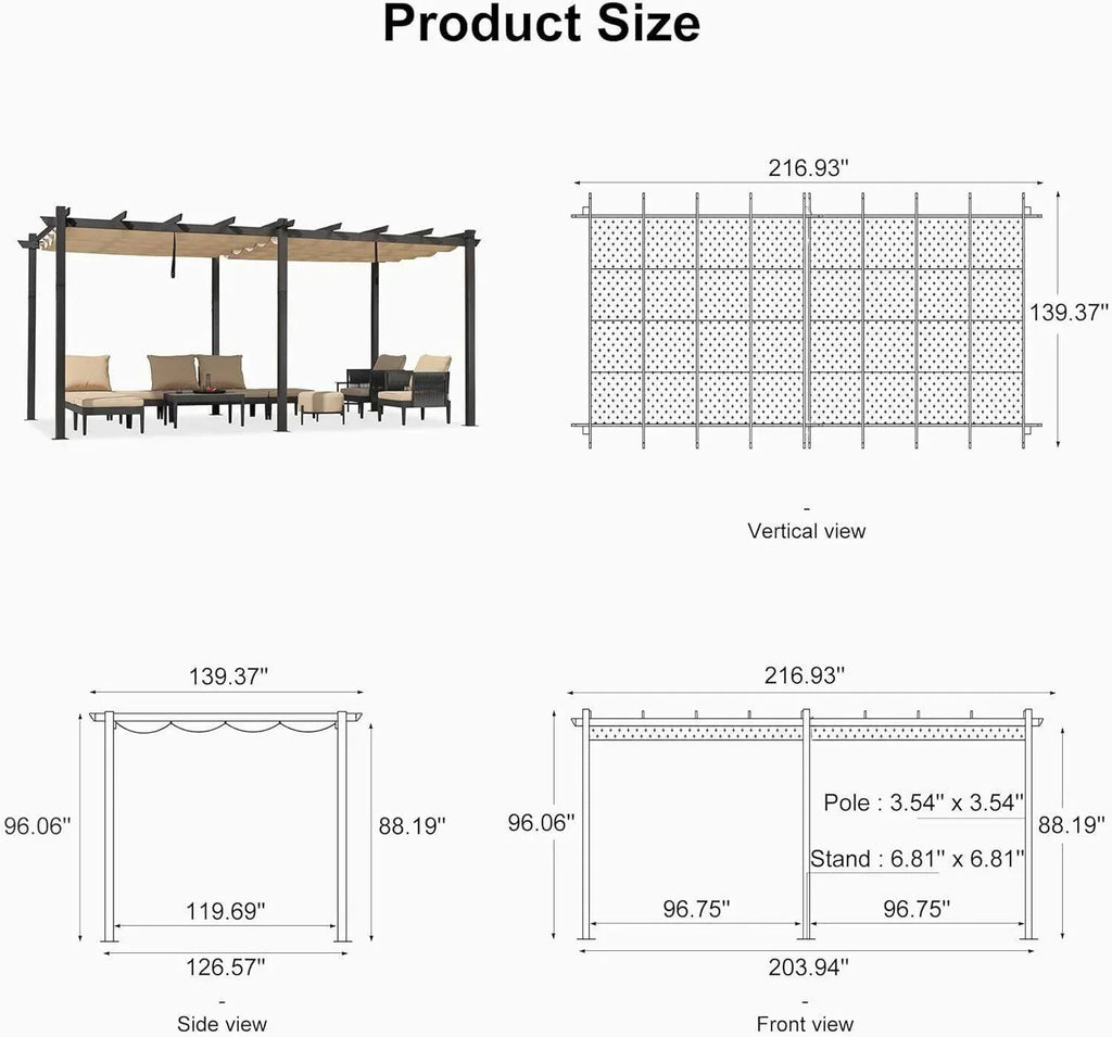 PURPLE LEAF Outdoor Pergola with Retractable Canopy Aluminum Shelter for Porch Garden  Beach Shade Pavilion Pergola Modern Backyard Deck