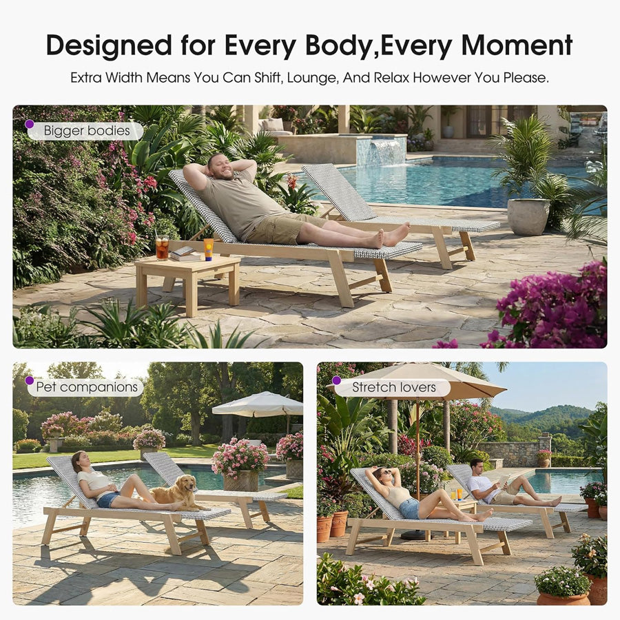 PURPLE LEAF Extra Large Patio Chaise Lounge French Outdoor Wicker Lounger Matte Teak Aluminum Frame 771LBS Capacity PE Rattan Adjustable Backrest for Pool Garden Beach Backyard