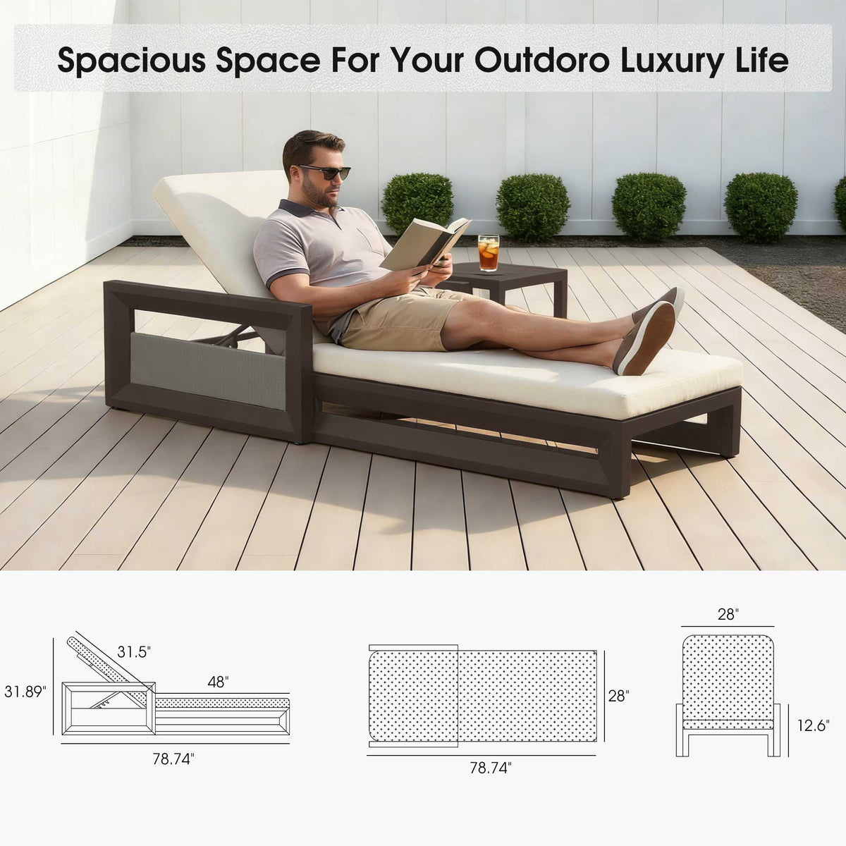 PURPLE LEAF Caesar Outdoor Chaise Lounge 2 in 1 Design Reclining Lounger Chair with Cushion Deluxe Aluminum Oversize Pool Lounge Chairs with Armrests & Backrest for Patio Poolside Backyard