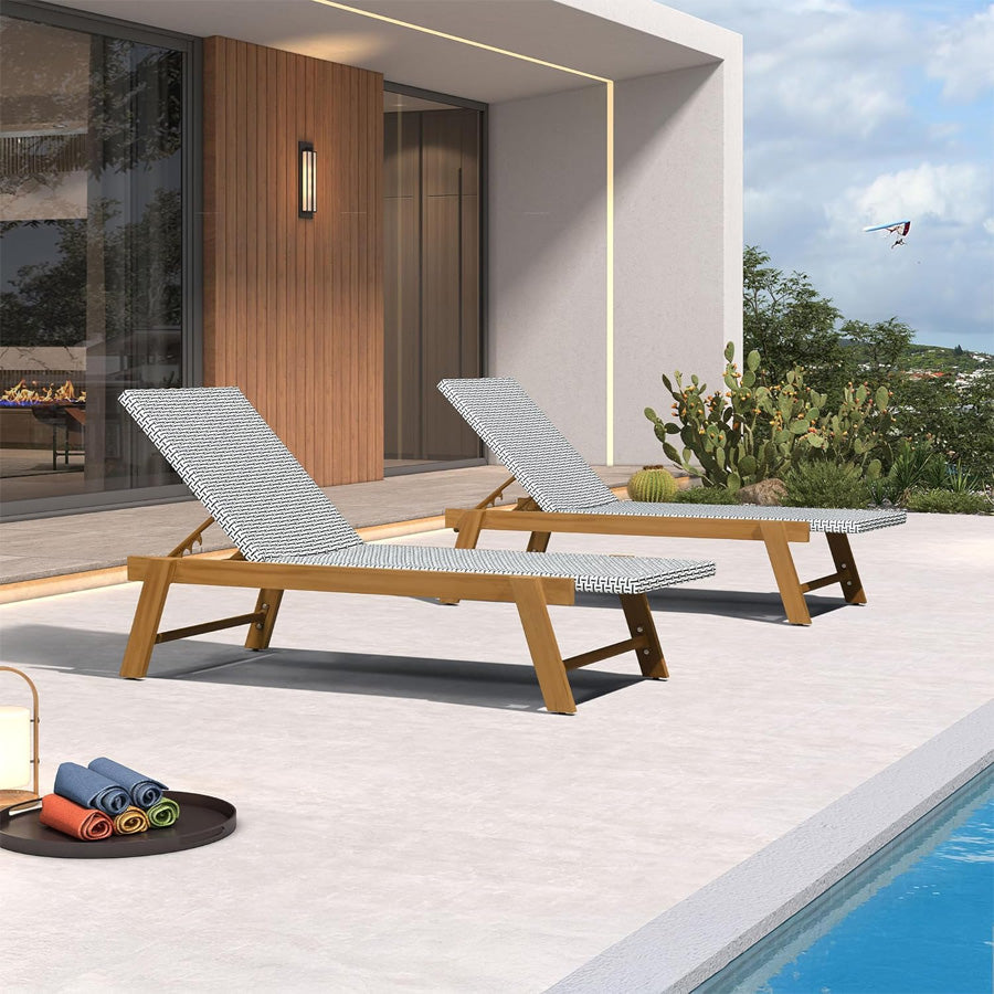 PURPLE LEAF Extra Large Patio Chaise Lounge French Outdoor Wicker Lounger Matte Teak Aluminum Frame 771LBS Capacity PE Rattan Adjustable Backrest for Pool Garden Beach Backyard