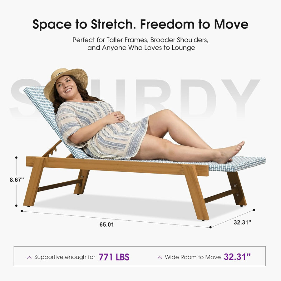 PURPLE LEAF Extra Large Patio Chaise Lounge French Outdoor Wicker Lounger Matte Teak Aluminum Frame 771LBS Capacity PE Rattan Adjustable Backrest for Pool Garden Beach Backyard