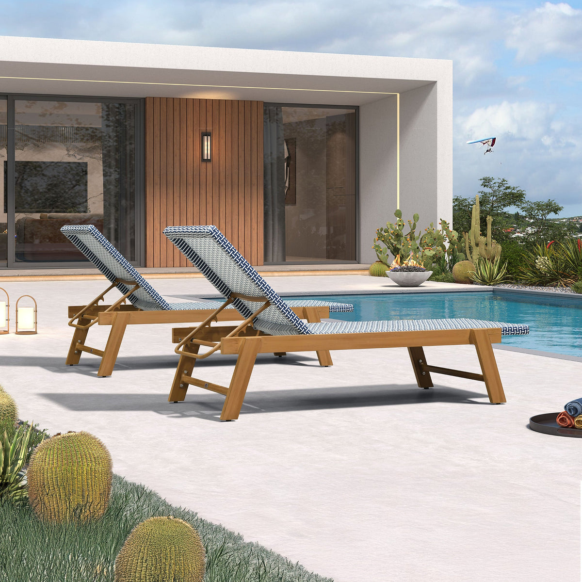 PURPLE LEAF Extra Large Patio Chaise Lounge French Outdoor Wicker Lounger Matte Teak Aluminum Frame 771LBS Capacity PE Rattan Adjustable Backrest for Pool Garden Beach Backyard