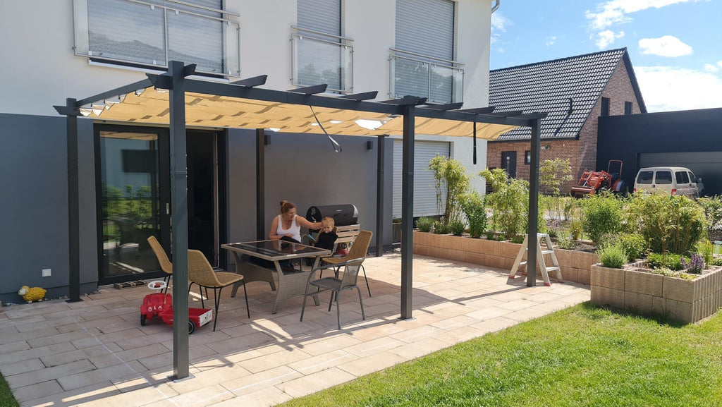 PURPLE LEAF Outdoor Pergola with Retractable Canopy Aluminum Shelter for Porch Garden  Beach Shade Pavilion Pergola Modern Backyard Deck