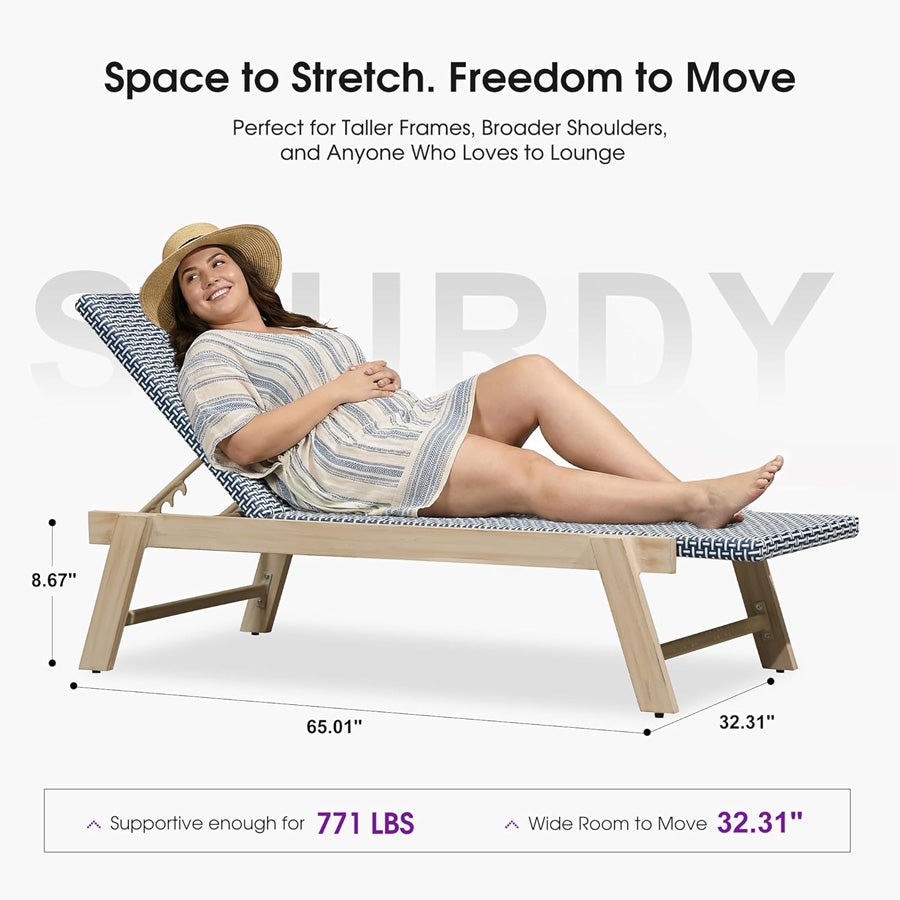 PURPLE LEAF Extra Large Patio Chaise Lounge French Outdoor Wicker Lounger Matte Teak Aluminum Frame 771LBS Capacity PE Rattan Adjustable Backrest for Pool Garden Beach Backyard