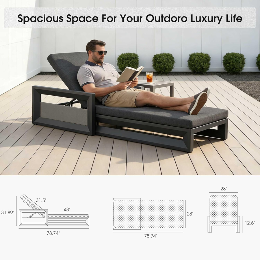 PURPLE LEAF Caesar Outdoor Chaise Lounge 2 in 1 Design Reclining Lounger Chair with Cushion Deluxe Aluminum Oversize Pool Lounge Chairs with Armrests & Backrest for Patio Poolside Backyard