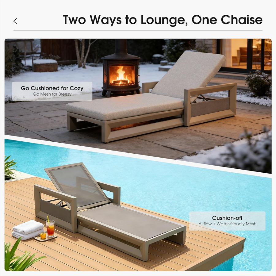PURPLE LEAF Caesar Outdoor Chaise Lounge 2 in 1 Design Reclining Lounger Chair with Cushion Deluxe Aluminum Oversize Pool Lounge Chairs with Armrests & Backrest for Patio Poolside Backyard