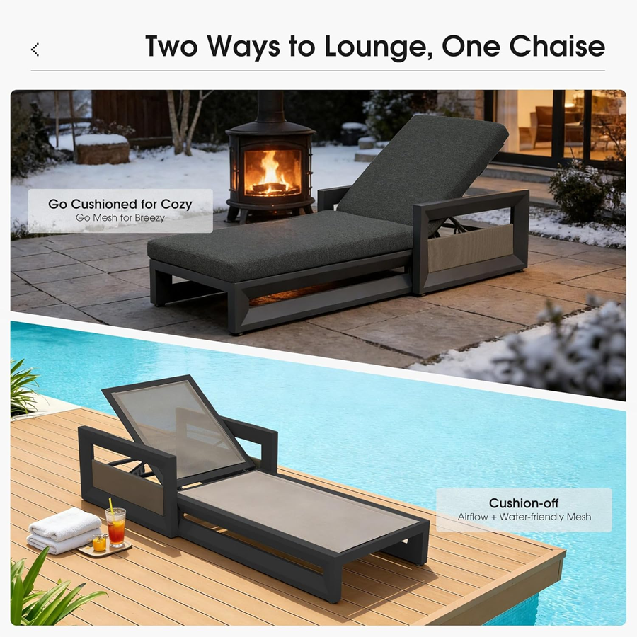 PURPLE LEAF Caesar Outdoor Chaise Lounge 2 in 1 Design Reclining Lounger Chair with Cushion Deluxe Aluminum Oversize Pool Lounge Chairs with Armrests & Backrest for Patio Poolside Backyard