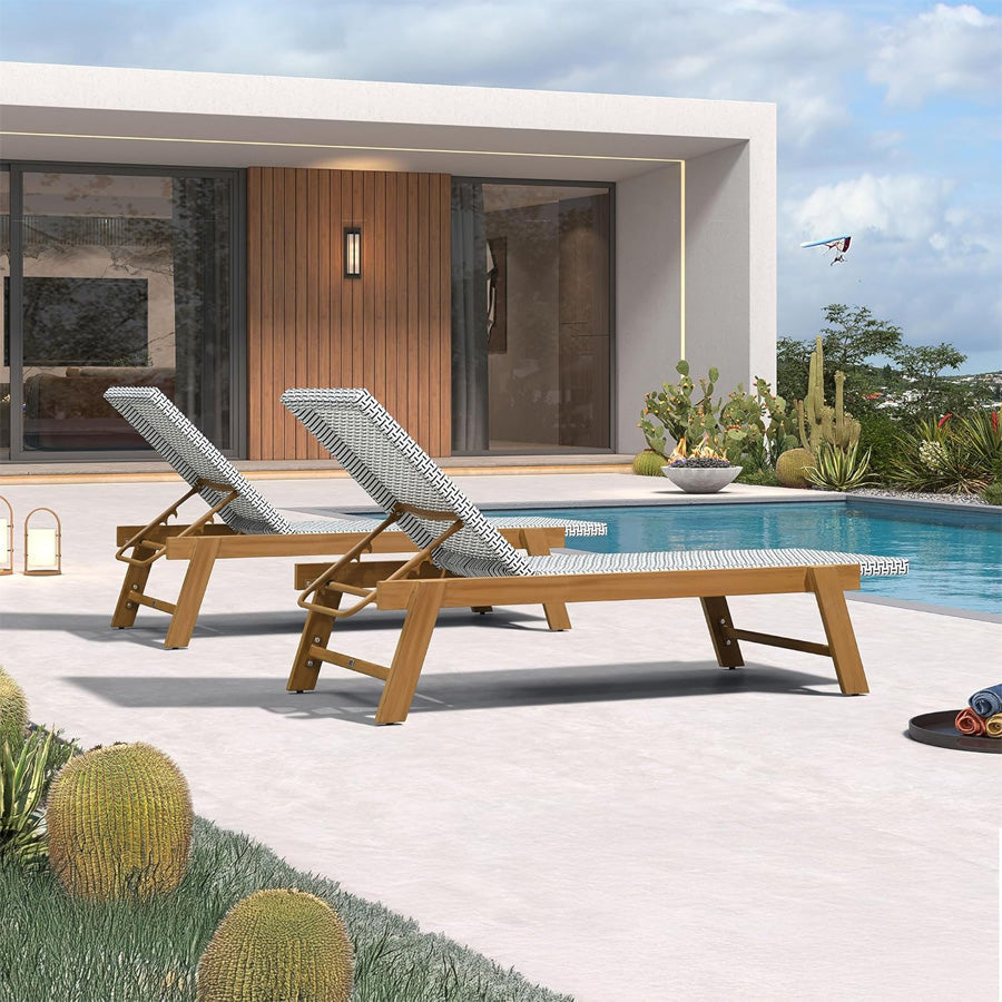 PURPLE LEAF Extra Large Patio Chaise Lounge French Outdoor Wicker Lounger Matte Teak Aluminum Frame 771LBS Capacity PE Rattan Adjustable Backrest for Pool Garden Beach Backyard