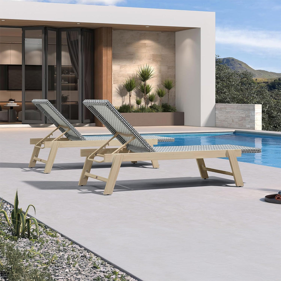 PURPLE LEAF Extra Large Patio Chaise Lounge French Outdoor Wicker Lounger Matte Teak Aluminum Frame 771LBS Capacity PE Rattan Adjustable Backrest for Pool Garden Beach Backyard