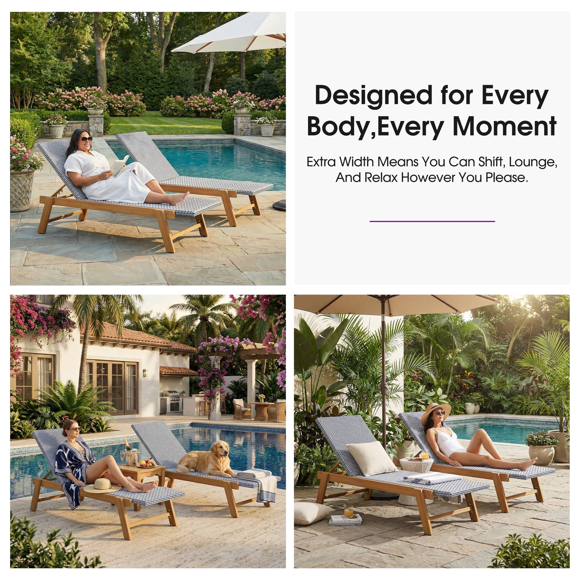 PURPLE LEAF Extra Large Patio Chaise Lounge French Outdoor Wicker Lounger Matte Teak Aluminum Frame 771LBS Capacity PE Rattan Adjustable Backrest for Pool Garden Beach Backyard