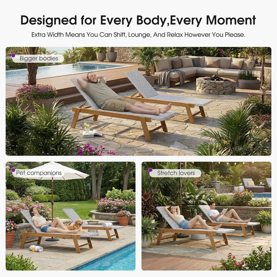 PURPLE LEAF Extra Large Patio Chaise Lounge French Outdoor Wicker Lounger Matte Teak Aluminum Frame 771LBS Capacity PE Rattan Adjustable Backrest for Pool Garden Beach Backyard