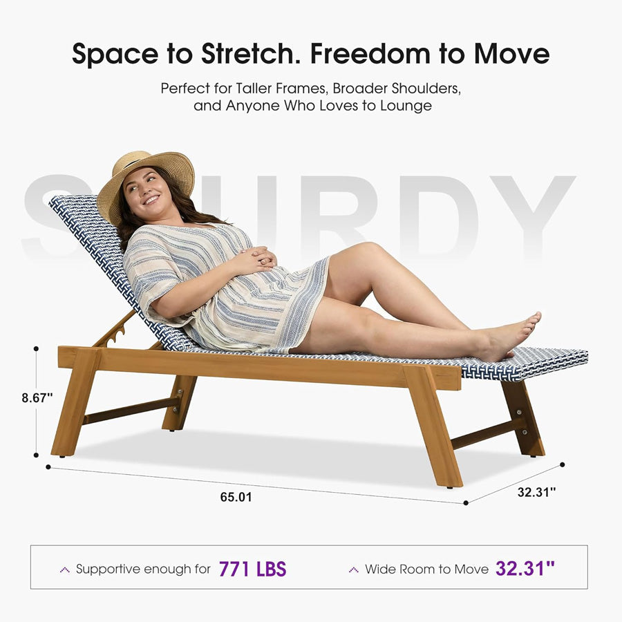 PURPLE LEAF Extra Large Patio Chaise Lounge French Outdoor Wicker Lounger Matte Teak Aluminum Frame 771LBS Capacity PE Rattan Adjustable Backrest for Pool Garden Beach Backyard
