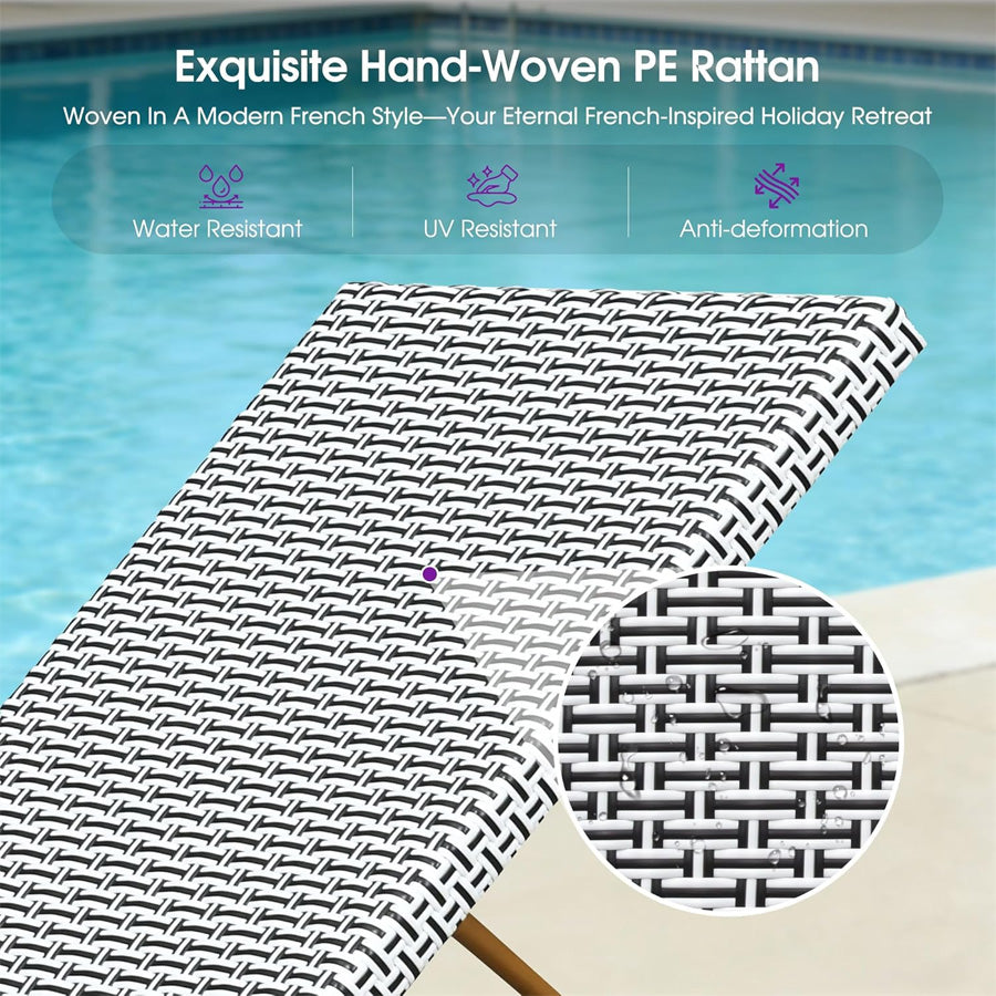 PURPLE LEAF Extra Large Patio Chaise Lounge French Outdoor Wicker Lounger Matte Teak Aluminum Frame 771LBS Capacity PE Rattan Adjustable Backrest for Pool Garden Beach Backyard