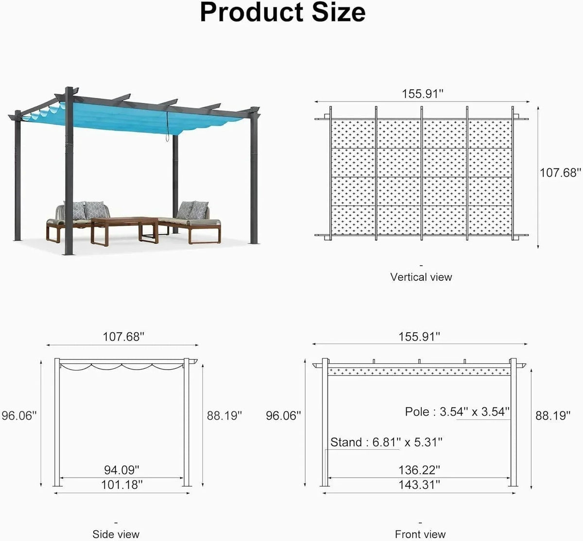 PURPLE LEAF Outdoor Pergola with Retractable Canopy Aluminum Shelter for Porch Garden  Beach Shade Pavilion Pergola Modern Backyard Deck