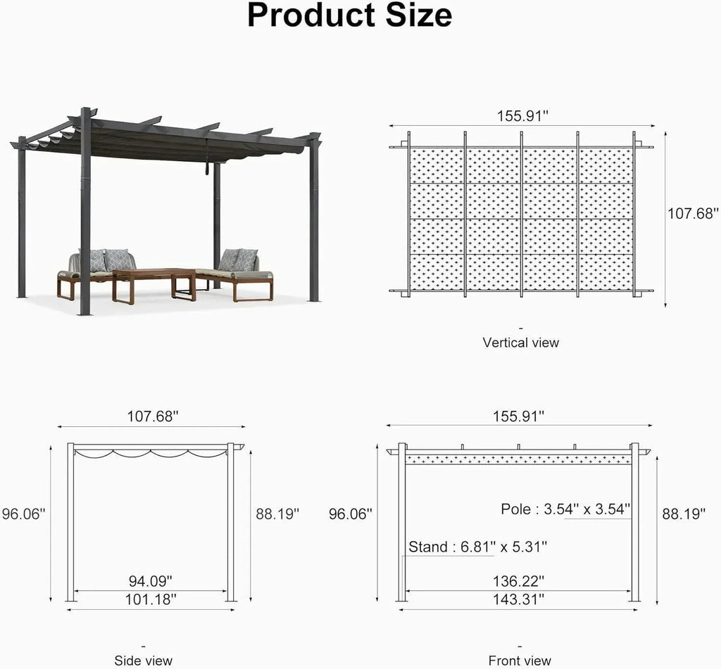 PURPLE LEAF Outdoor Pergola with Retractable Canopy Aluminum Shelter for Porch Garden  Beach Shade Pavilion Pergola Modern Backyard Deck
