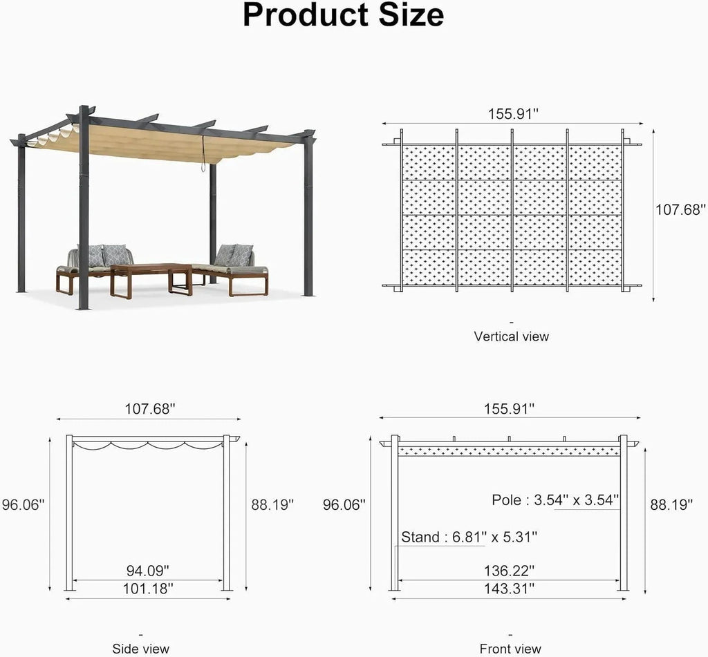 PURPLE LEAF Outdoor Pergola with Retractable Canopy Aluminum Shelter for Porch Garden  Beach Shade Pavilion Pergola Modern Backyard Deck