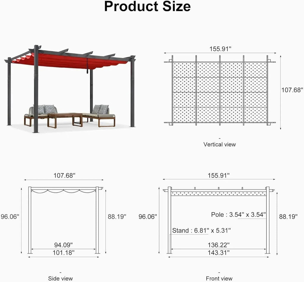 PURPLE LEAF Outdoor Pergola with Retractable Canopy Aluminum Shelter for Porch Garden  Beach Shade Pavilion Pergola Modern Backyard Deck