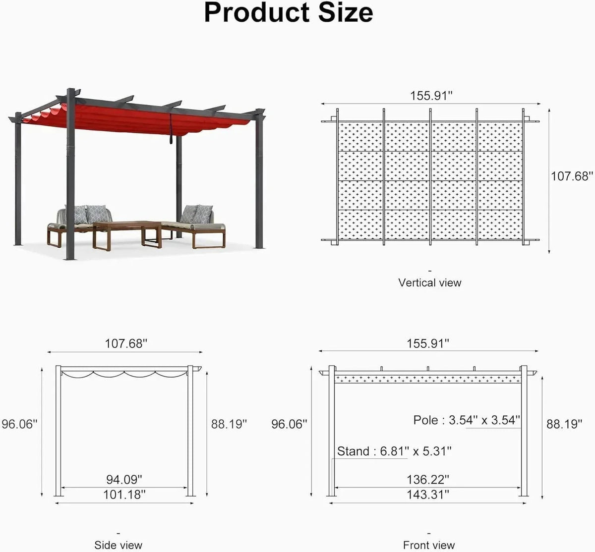 PURPLE LEAF Outdoor Pergola with Retractable Canopy Aluminum Shelter for Porch Garden  Beach Shade Pavilion Pergola Modern Backyard Deck