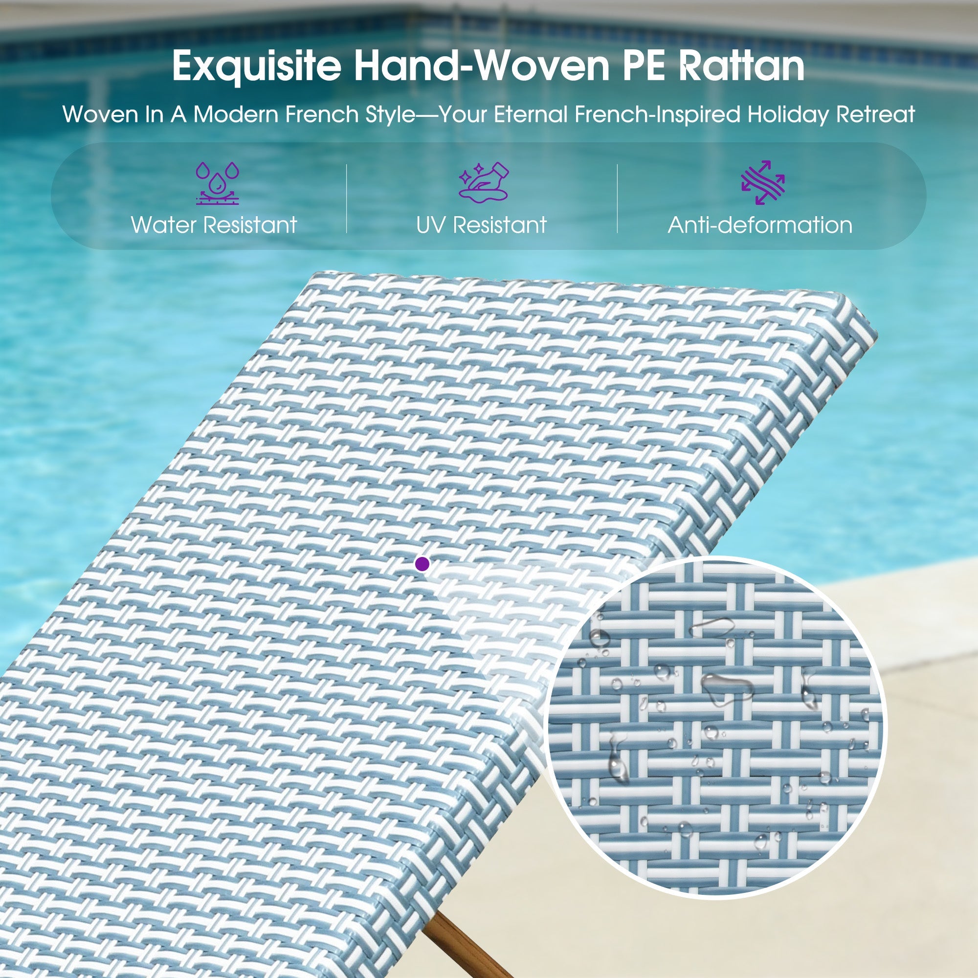 PURPLE LEAF Extra Large Patio Chaise Lounge French Outdoor Wicker Lounger Matte Teak Aluminum Frame 771LBS Capacity PE Rattan Adjustable Backrest for Pool Garden Beach Backyard