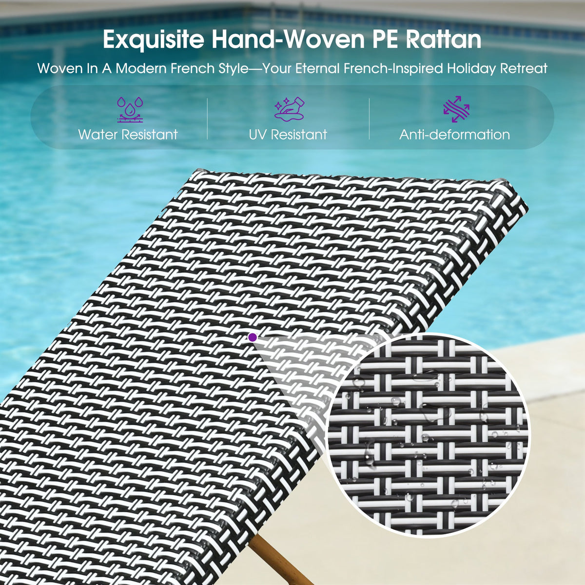 PURPLE LEAF Extra Large Patio Chaise Lounge French Outdoor Wicker Lounger Matte Teak Aluminum Frame 771LBS Capacity PE Rattan Adjustable Backrest for Pool Garden Beach Backyard