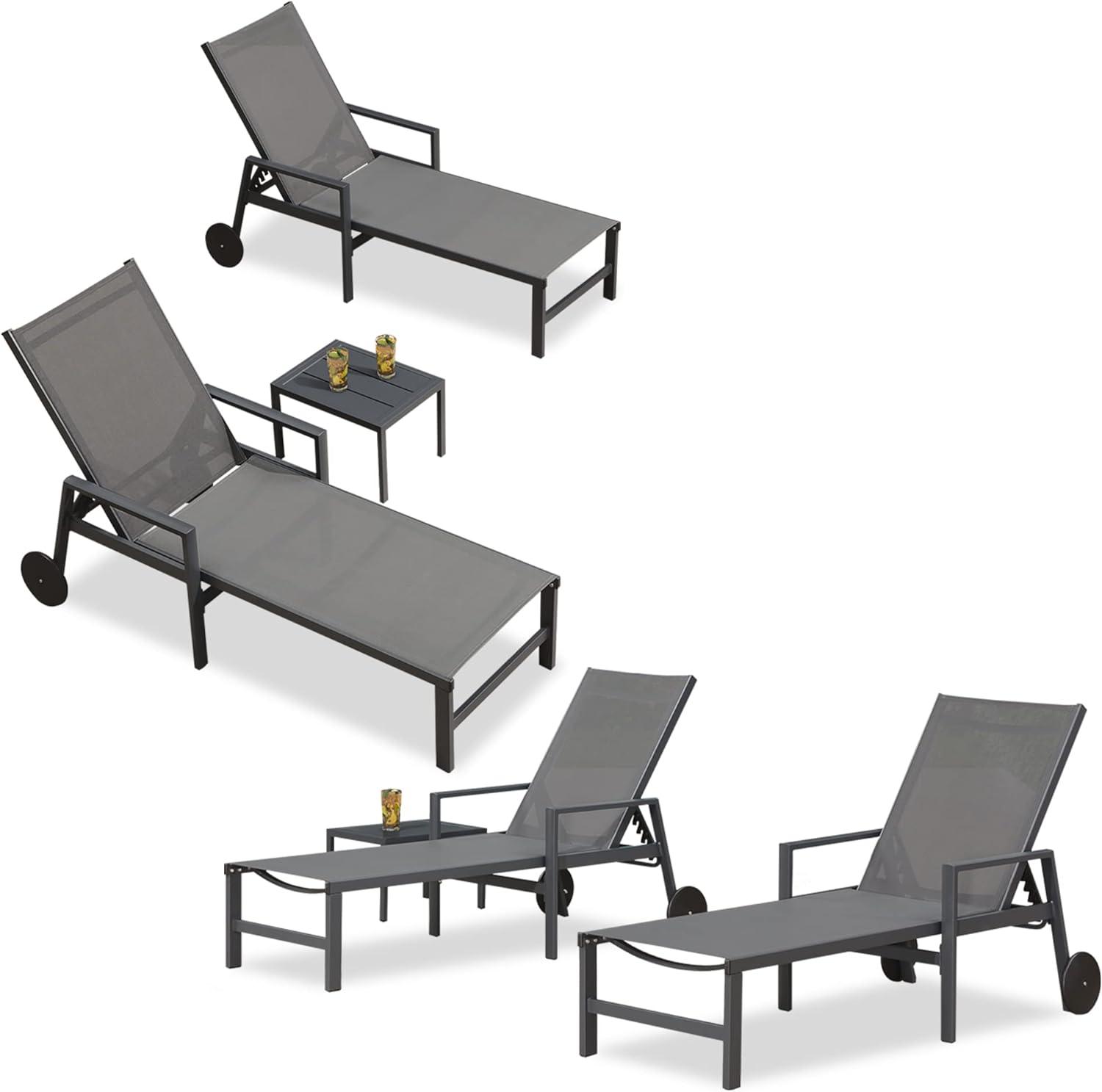 PURPLE LEAF Aluminum Outdoor Chaise Lounge with Wheels and Armrests for Pool Backyard Beach