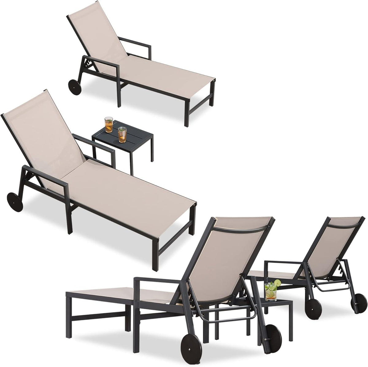 PURPLE LEAF Aluminum Outdoor Chaise Lounge with Wheels and Armrests for Pool Backyard Beach