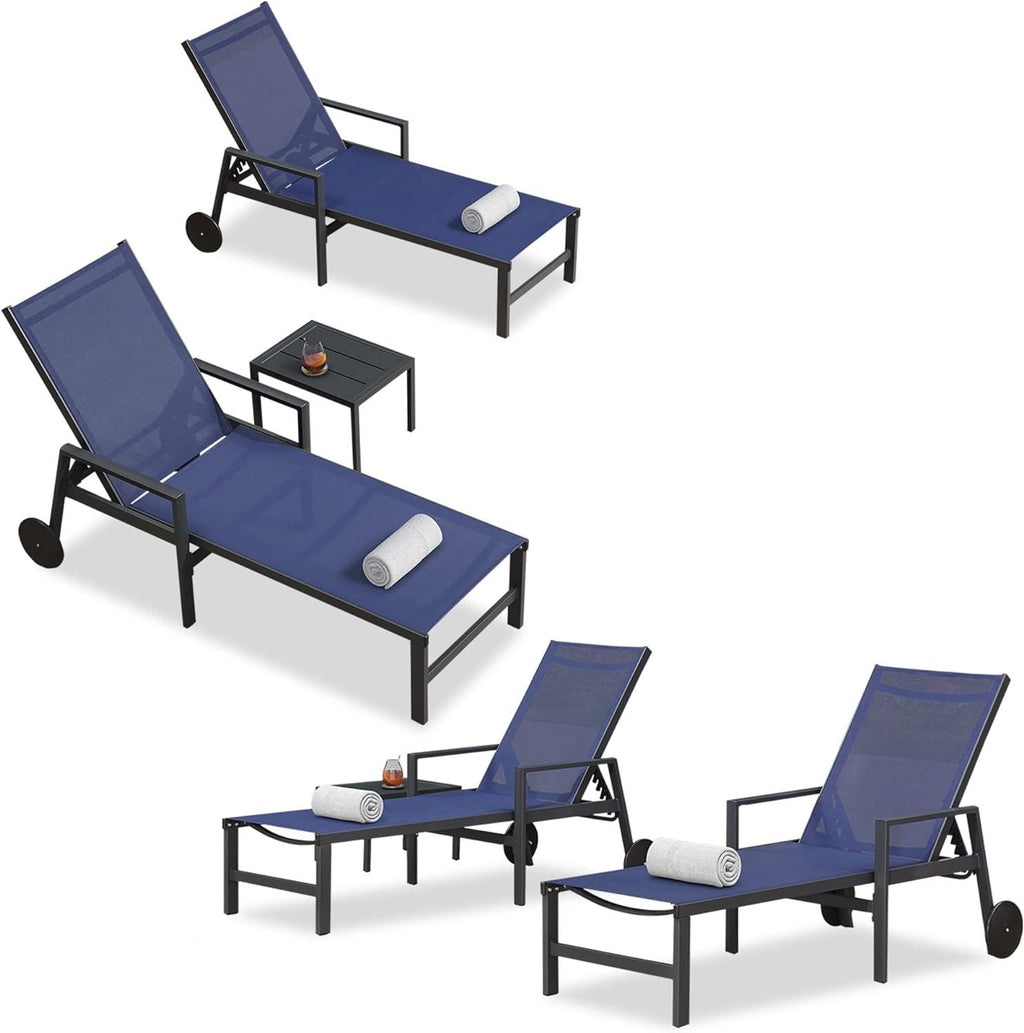 PURPLE LEAF Aluminum Outdoor Chaise Lounge with Wheels and Armrests for Pool Backyard Beach