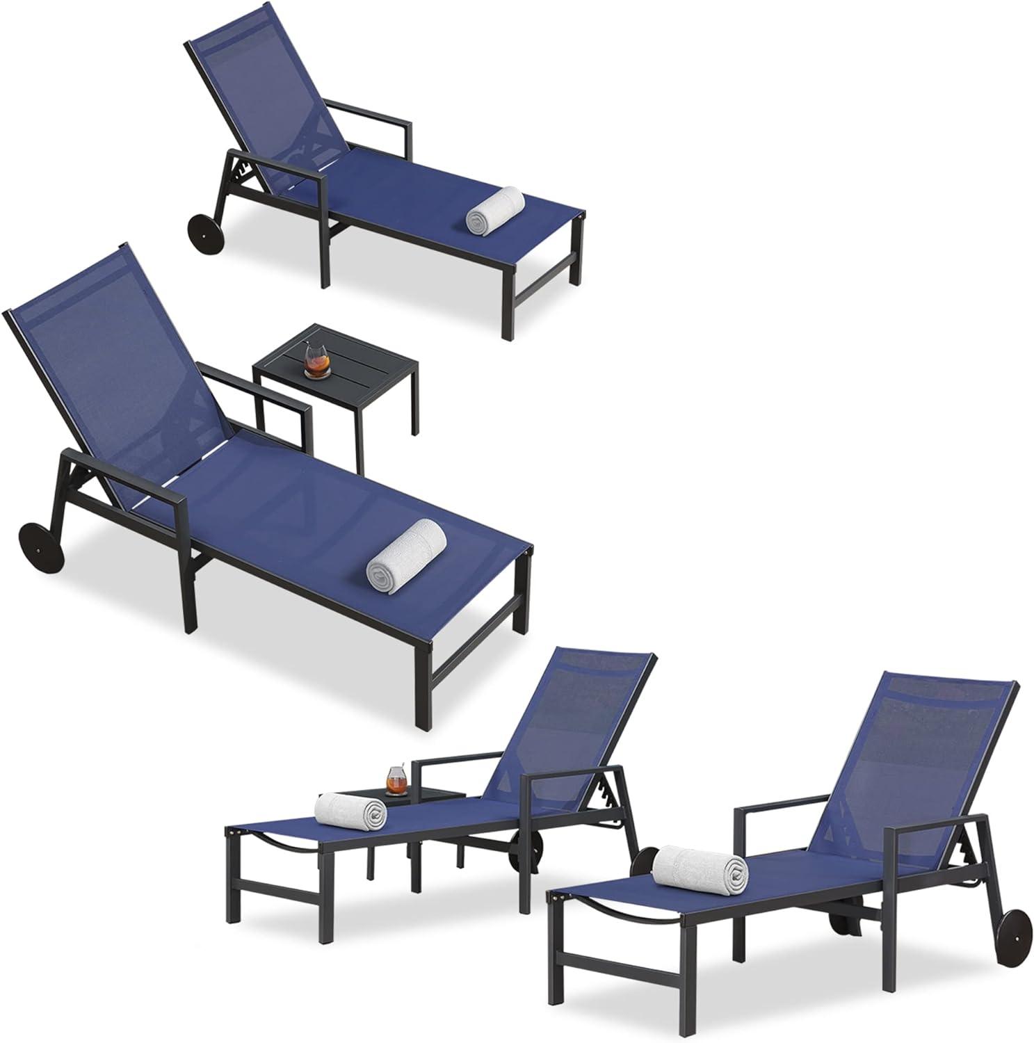 PURPLE LEAF Aluminum Outdoor Chaise Lounge with Wheels and Armrests for Pool Backyard Beach