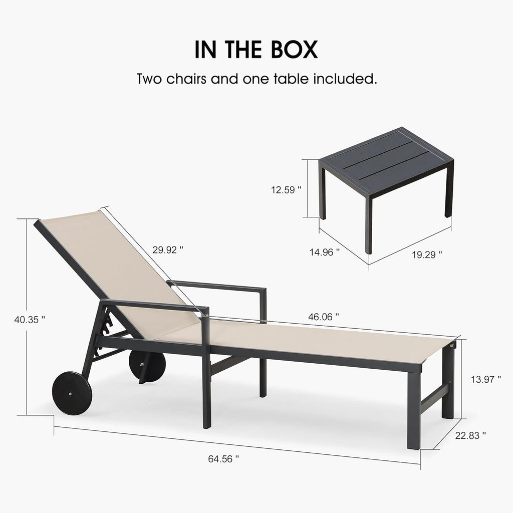 PURPLE LEAF Aluminum Outdoor Chaise Lounge with Wheels and Armrests for Pool Backyard Beach