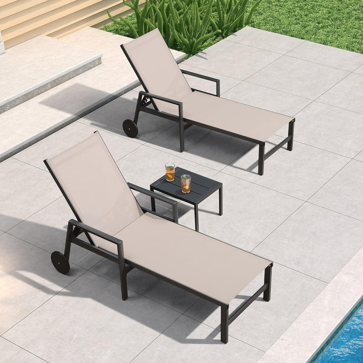 PURPLE LEAF Aluminum Outdoor Chaise Lounge with Wheels and Armrests for Pool Backyard Beach