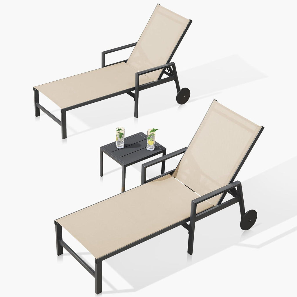 PURPLE LEAF Aluminum Outdoor Chaise Lounge with Wheels and Armrests for Pool Backyard Beach