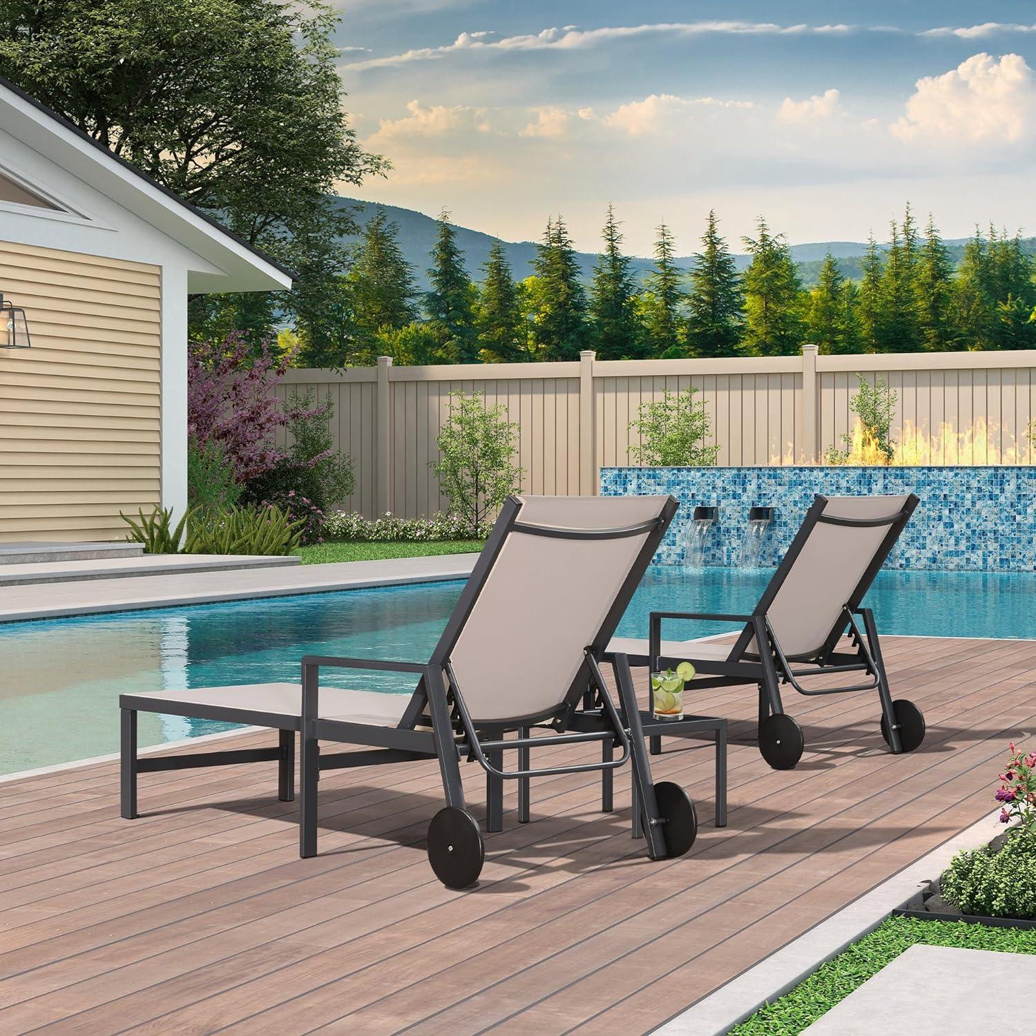 PURPLE LEAF Aluminum Outdoor Chaise Lounge with Wheels and Armrests for Pool Backyard Beach